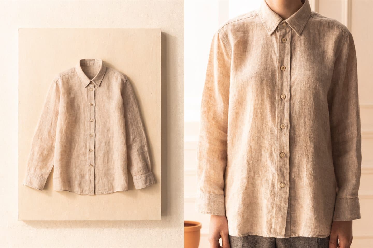 Videlia virtual try-on comparison: flat-lay product photo beside generated AI model wearing the garment