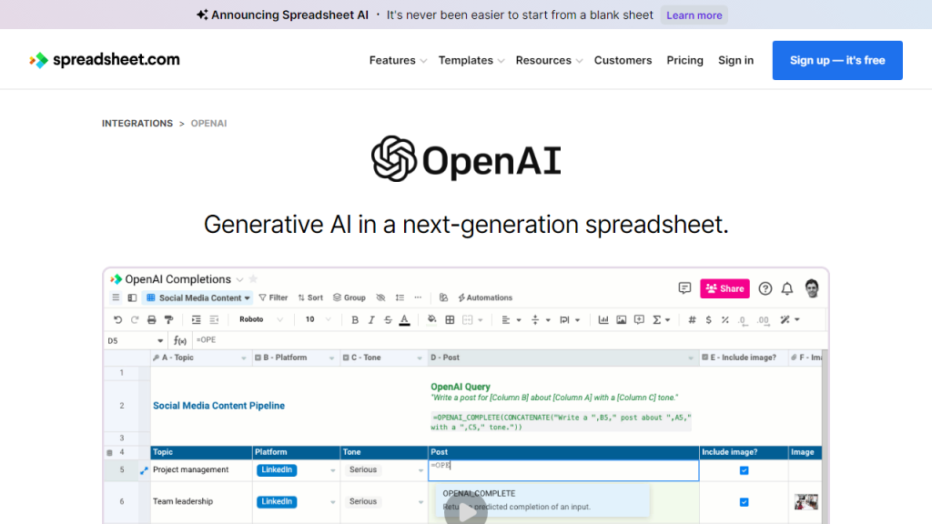 OpenAI in Spreadsheet - AI Technology Solution